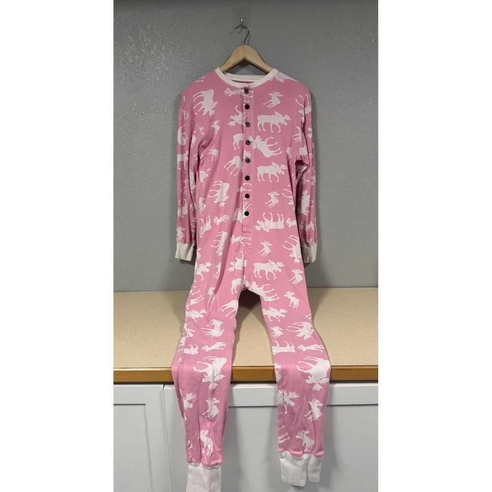 Lazy One Pink Moose Print Pajama Jumpsuit Women's Size Medium Button Up Footless